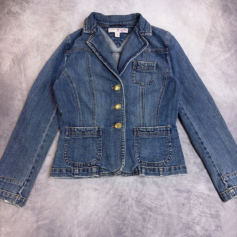 Tommy Hilfiger Denim Blazer Jacket Medium Wash Gold Buttons Petite 4P